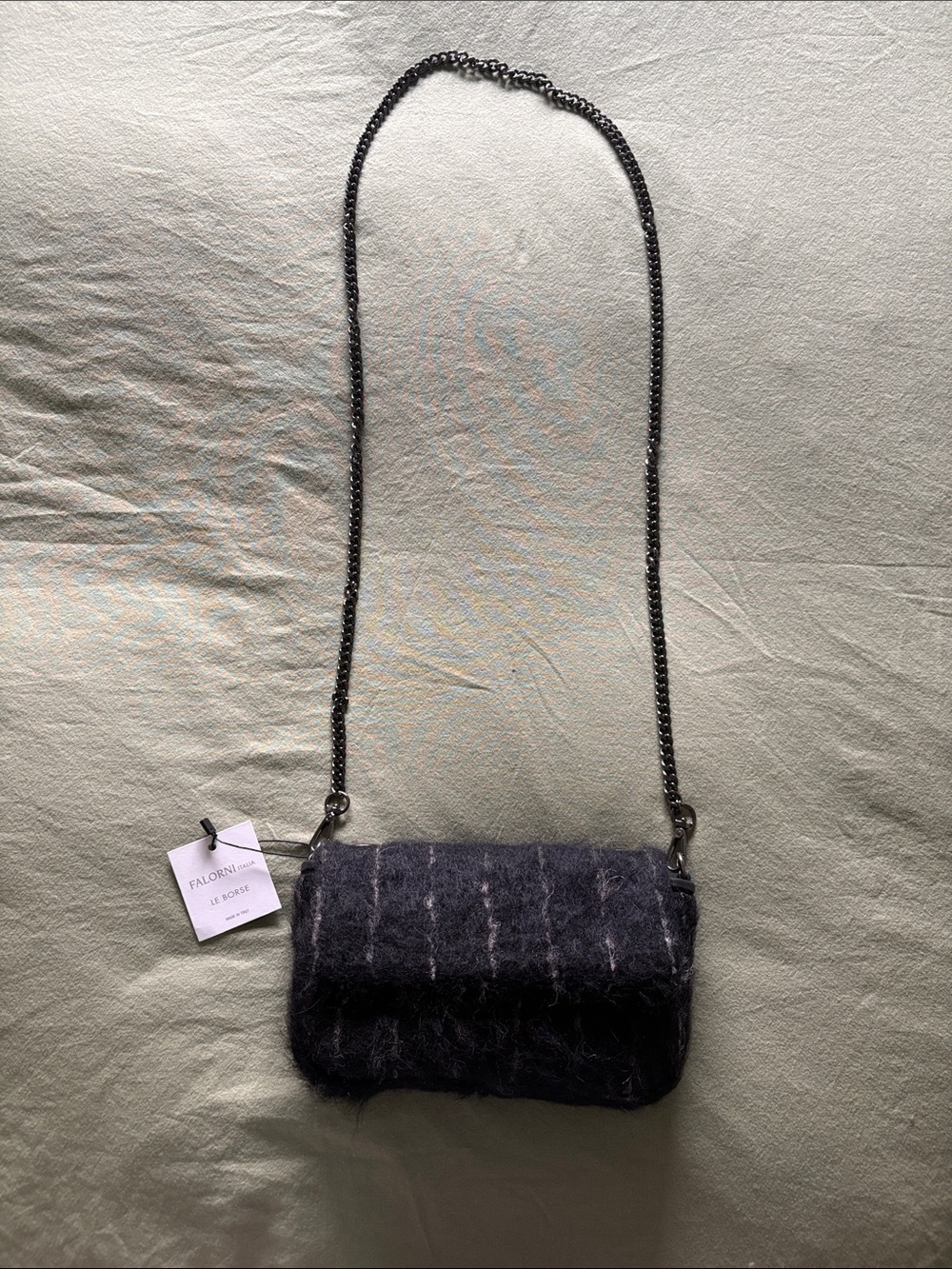 FALORNI ITALIA Gray Textured Wool Chain Crossbody Bag NWT